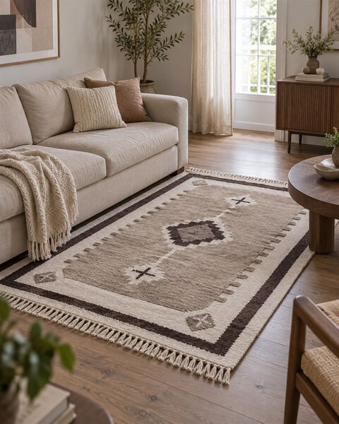 Koberec béžový bavlnený 140 x 200 cm klasický s abstraktným vzorom so strapcami obývacia izba spálňa