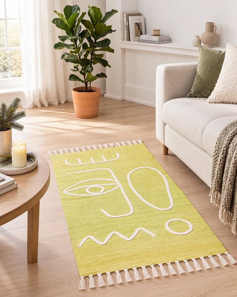 Koberec žltý polyester 80 x 150 cm ručne tkaný obdĺžnikový abstraktný vzor so strapcami boho do interiéru a exteriéru