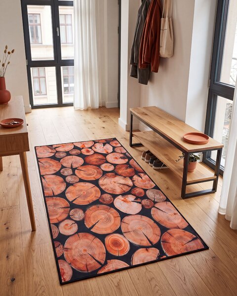 Koberec hnedá čierna polyester 80 x 150 cm motív dreva obdĺžnikový tvar moderný rustikálny boho štýl obývačka spálňa
