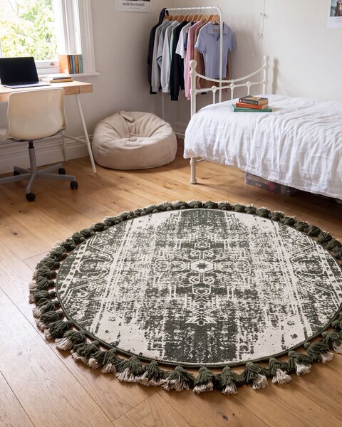 Koberec zelená biela bavlna orientálny vzor ø 120 cm okrúhly tvar so strapcami ručne tkaný moderný boho štýl obývačka spálňa
