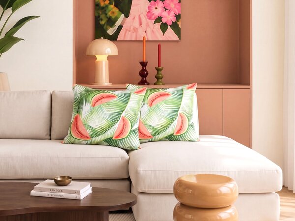 Sada 2 záhradných vankúšov zelená viacfarebná polyester 45 x 45 cm štvorcový tvar kvetovaný vzor moderný štýl odolnosť voči UV exteriér