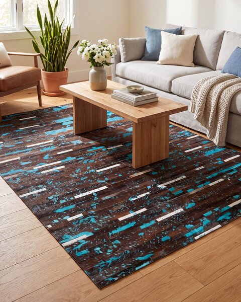 Koberec hnedý a modrý kožený 140 x 200 cm hovädzia koža patchworkový pruhovaný