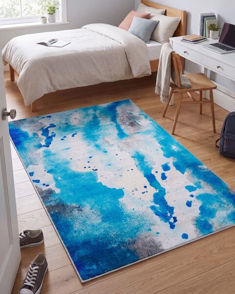 Koberec modrý a sivý 140 x 200 cm s abstraktným akvarelovým vzorom moderný dizajn