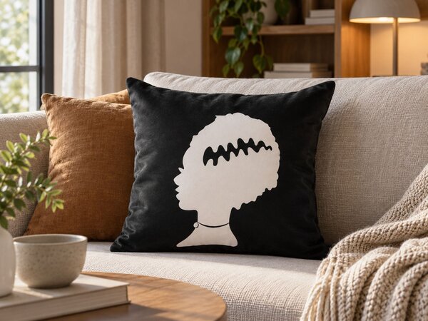 Dekoratívny vankúš čierny zamat 45 x 45 cm motív Frankensteinovej nevesty halloweensky moderný štýl doplnky