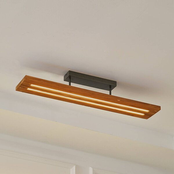 Lindby LED stropné svietidlo Nesaja, čierne, drevo, 98 cm, stmievateľné, Svetlé drevo, Obývacia izba / jedáleň, Drevo, Vidiecky / Rustikálny, Stropné svetlo