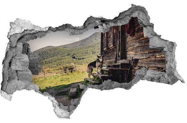 Diera 3D v stene nálepka Drevený horský dom