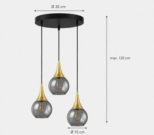 Luster na lanku LACRIMA SMOKY 3xE27/60W/230V pr. 30 cm
