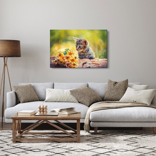 Obraz mačiatka pozerajúce sa na kvetinu (90x60 cm)