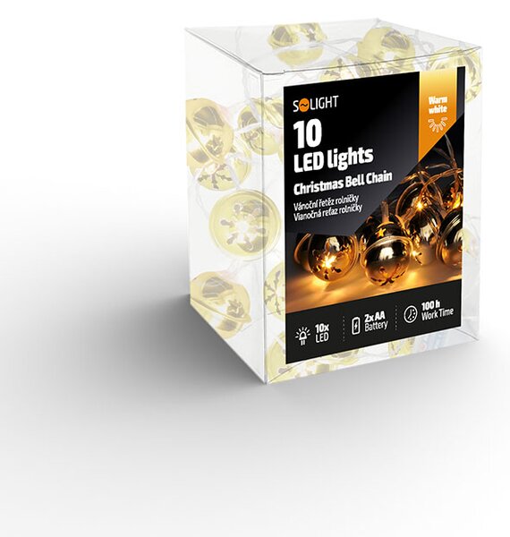 SOLIGHT LED vianočná reťaz rolničky, 10x LED, zlatá, 1,5m, 2x AA