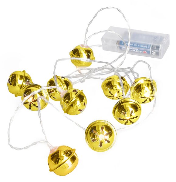 SOLIGHT LED vianočná reťaz rolničky, 10x LED, zlatá, 1,5m, 2x AA
