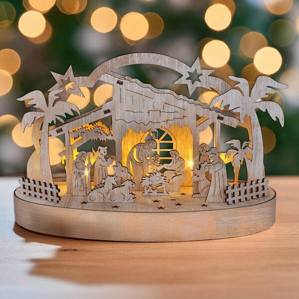 SOLIGHT Vianočný drevený betlehem podsvietený, 5x LED, prírodné drevo, 25cm, 2x AA