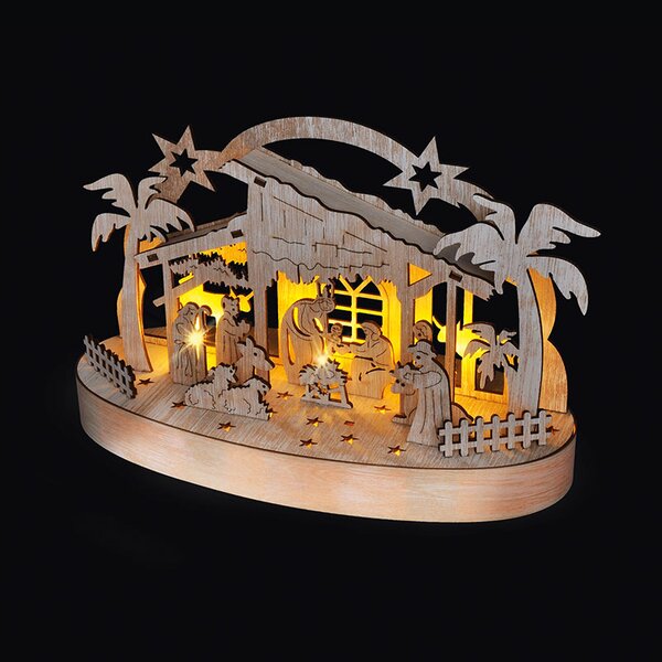 SOLIGHT Vianočný drevený betlehem podsvietený, 5x LED, prírodné drevo, 25cm, 2x AA