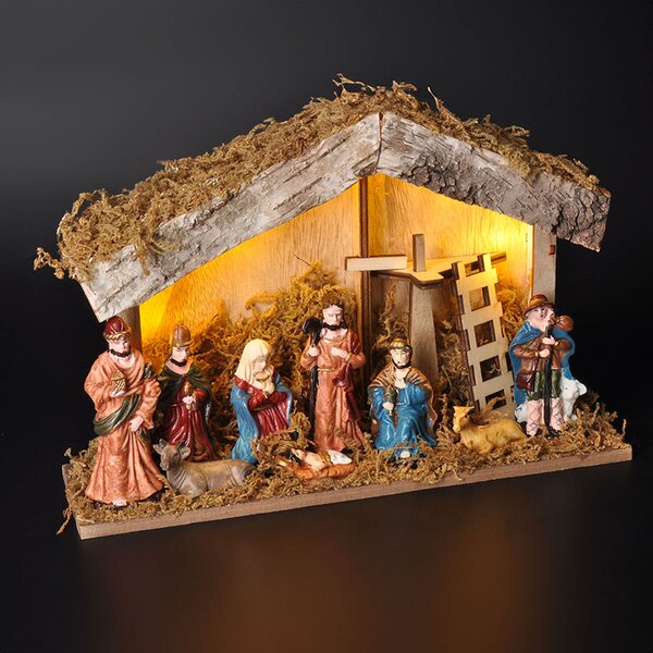 SOLIGHT LED drevený betlehem podsvietený, 26 x 17cm, 6x LED, 2x AA