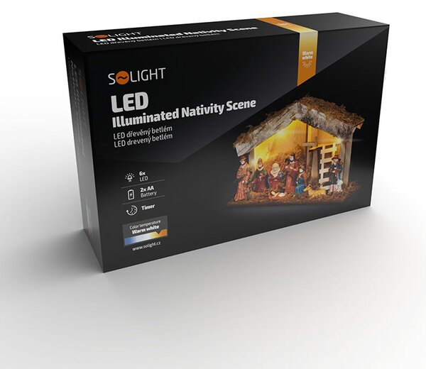 SOLIGHT LED drevený betlehem podsvietený, 26 x 17cm, 6x LED, 2x AA