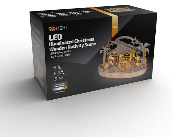SOLIGHT Vianočný drevený betlehem podsvietený, 5x LED, prírodné drevo, 25cm, 2x AA