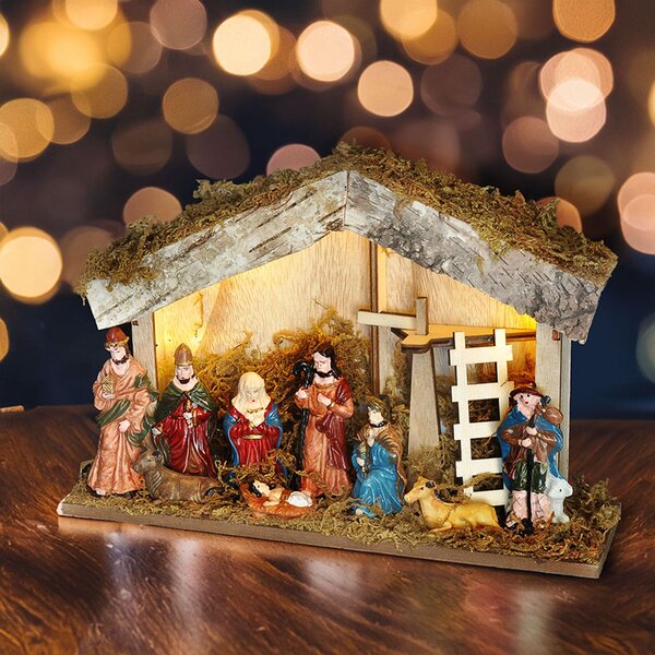 SOLIGHT LED drevený betlehem podsvietený, 26 x 17cm, 6x LED, 2x AA