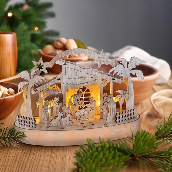SOLIGHT Vianočný drevený betlehem podsvietený, 5x LED, prírodné drevo, 25cm, 2x AA