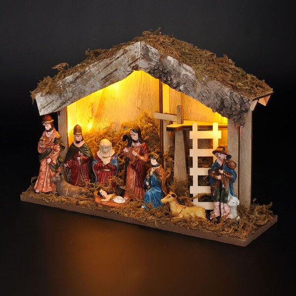 SOLIGHT LED drevený betlehem podsvietený, 26 x 17cm, 6x LED, 2x AA