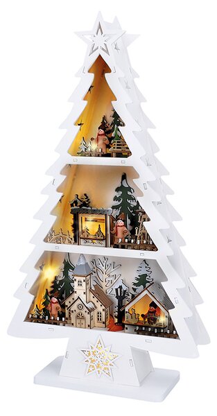 SOLIGHT LED drevený vianočný stromček s dekoráciami, 13x LED, biela, 53cm, 2x AA