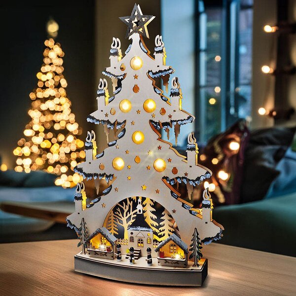 SOLIGHT LED drevený vianočný stromček s dekoráciami, 23x LED, prírodná farba, 64cm, 2x AA