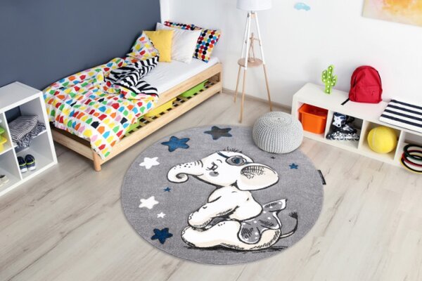 Koberec PETIT ELEPHANT SLONÍK HVIEZDY kruh sivý