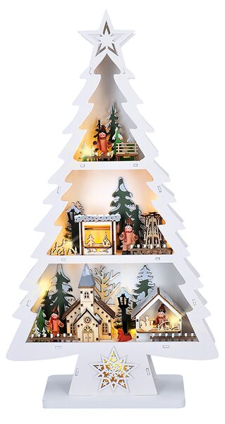 SOLIGHT LED drevený vianočný stromček s dekoráciami, 13x LED, biela, 53cm, 2x AA