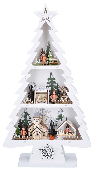 SOLIGHT LED drevený vianočný stromček s dekoráciami, 13x LED, biela, 53cm, 2x AA