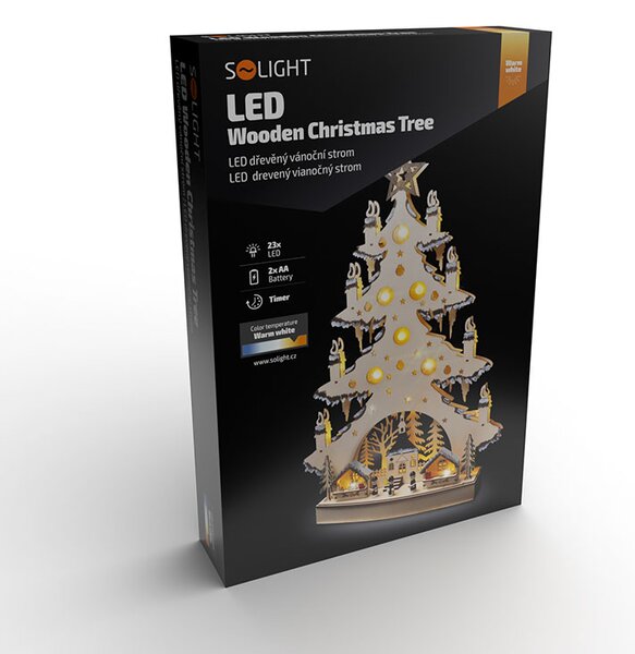 SOLIGHT LED drevený vianočný stromček s dekoráciami, 23x LED, prírodná farba, 64cm, 2x AA
