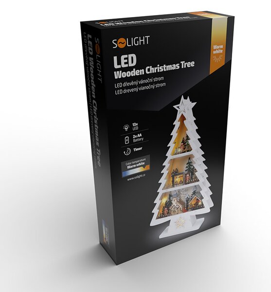 SOLIGHT LED drevený vianočný stromček s dekoráciami, 13x LED, biela, 53cm, 2x AA