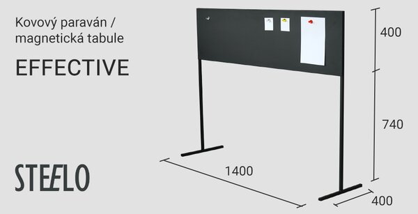 Kovový paraván, magnetická tabuľa, voľne stojaca, dĺžka 140 cm