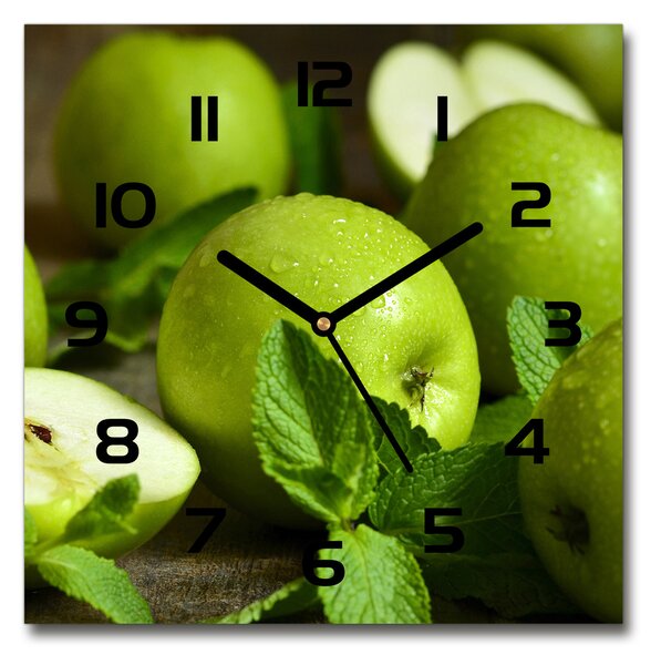 Sklenené hodiny štvorec Zelená jablká