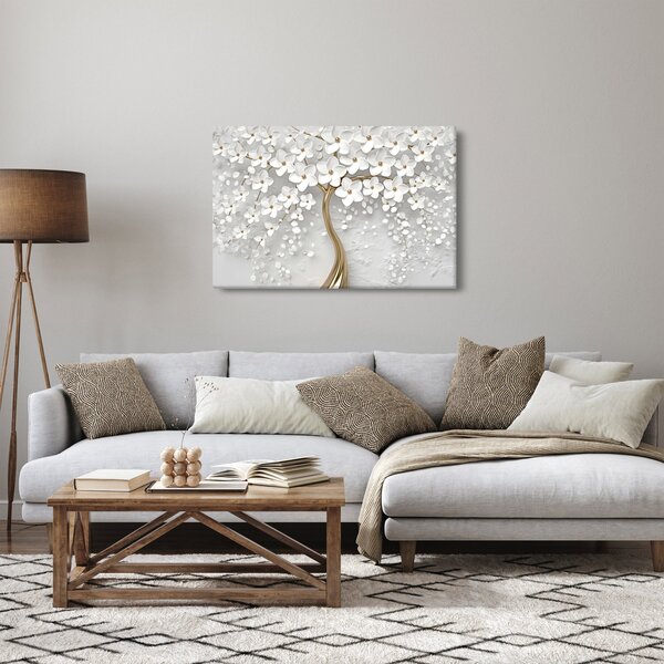 Obraz bieleho stromu s kvetinami (90x60 cm)
