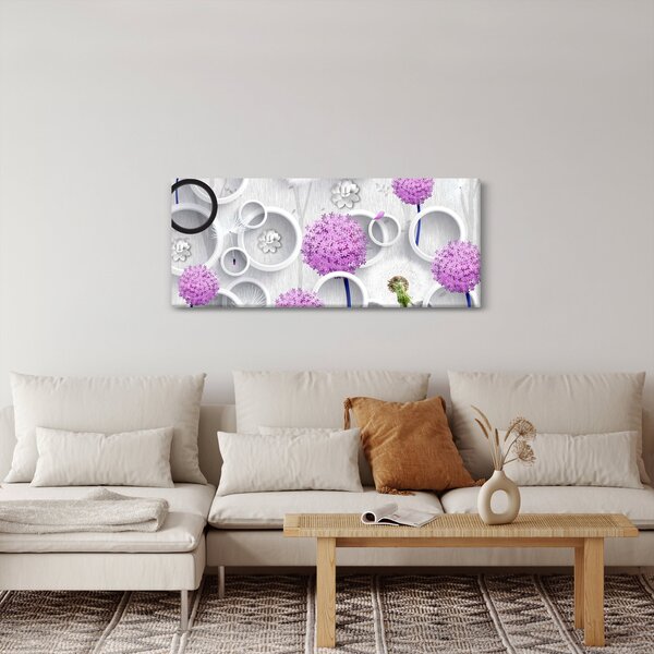 Obraz 3D abstrakcie s kruhmi a kvetinami (120x50 cm)