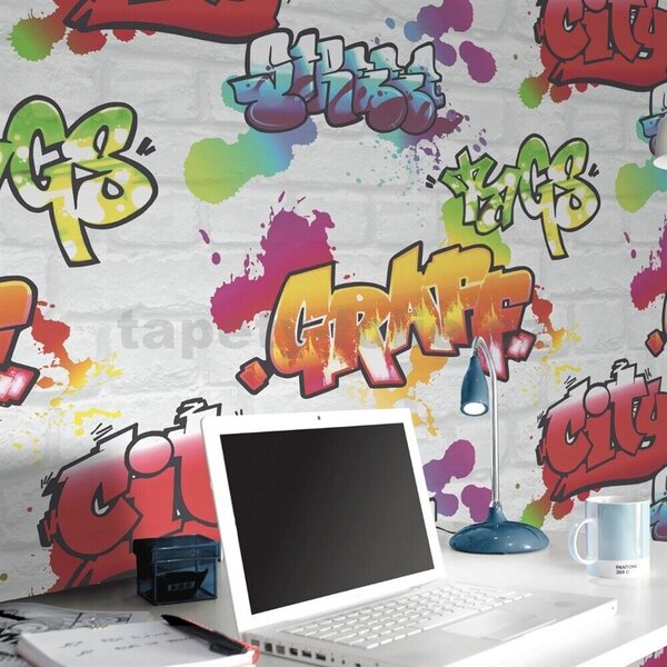 Papierové tapety na stenu IMPOL 272901, rozmer 10,05 m x 0,53 m, graffiti na svetlo sivej tehlovej stene, IMPOL TRADE