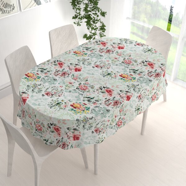 Biante Bavlnený oválny obrus Sandra SA-415 Kvety na mintovom hexagóne 60x100 cm