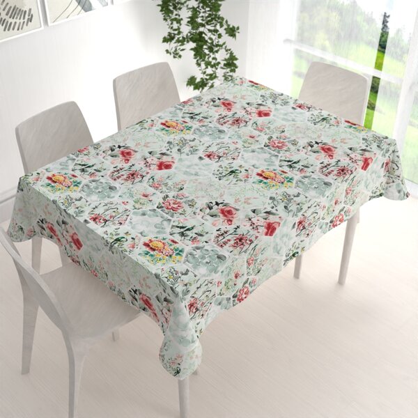 Biante Bavlnený obdĺžnikový obrus Sandra SA-415 Kvety na mintovom hexagóne 50x100 cm