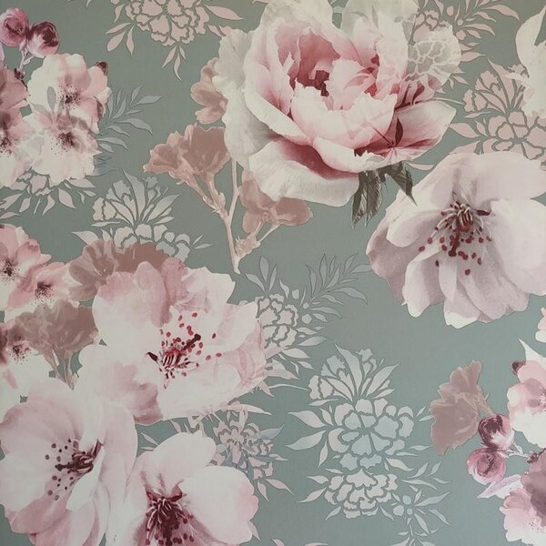 Papierové tapety na stenu IMPOL A84803, rozmer 10,05 m x 0,53 m, ružové kvety na sivom podklade, IMPOL TRADE