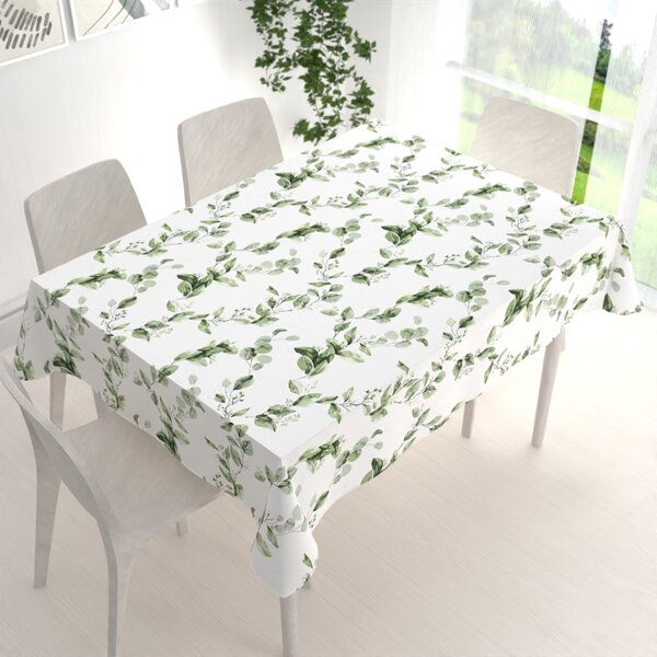Biante Bavlnený obdĺžnikový obrus Sandra SA-422 Zelené listy na bielom 50x100 cm