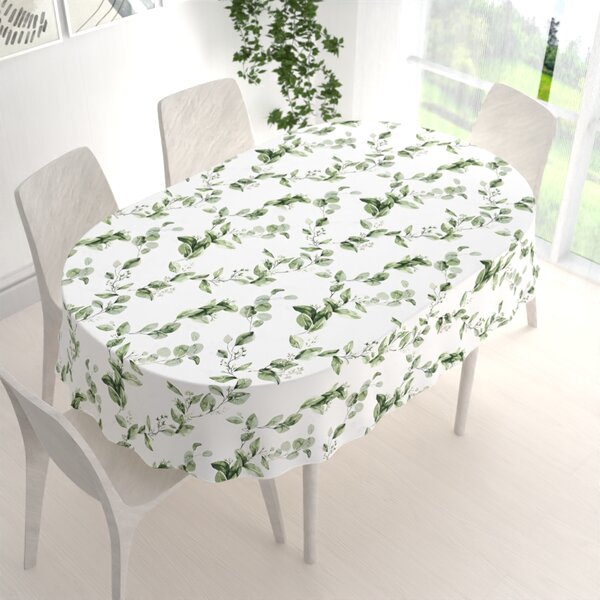 Biante Bavlnený oválny obrus Sandra SA-422 Zelené listy na bielom 50x100 cm
