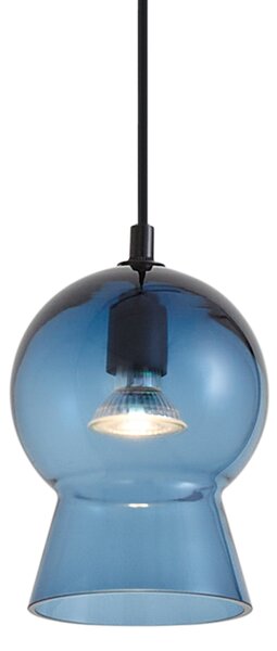 Retro závesná lampa čierna s modrým sklom pre 1-fázový koľajnicový systém - Iconic Bell