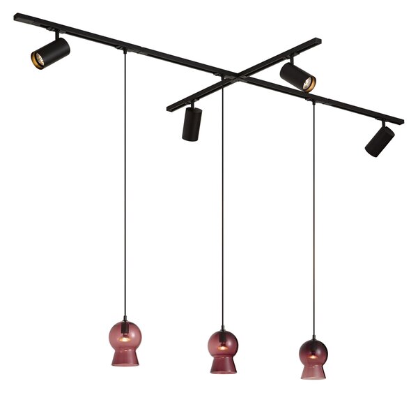Moderný čierny koľajnicový systém so 4 bodovými svetlami a 3 fialovými závesnými svietidlami 1-fázový - Iconic Bell Jeana Luxe