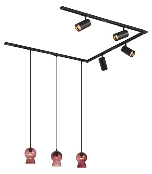 Moderný čierny koľajnicový systém so 4 bodovými svetlami a 3 fialovými závesnými svietidlami 1-fázový - Iconic Bell Jeana Luxe