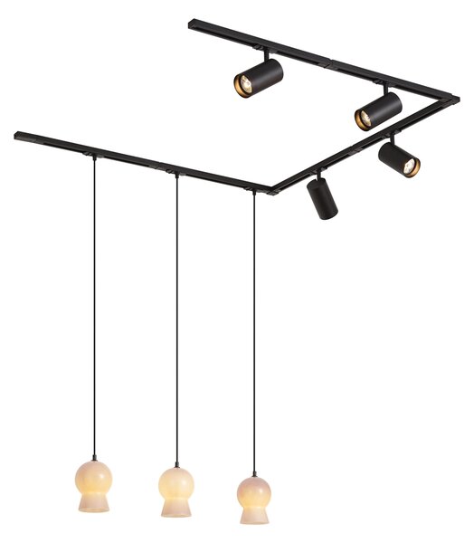 Moderný koľajnicový systém čierny so 4 bodovými svetlami a 3 bielymi závesnými svietidlami 1-fázový - Iconic Bell Jeana Luxe
