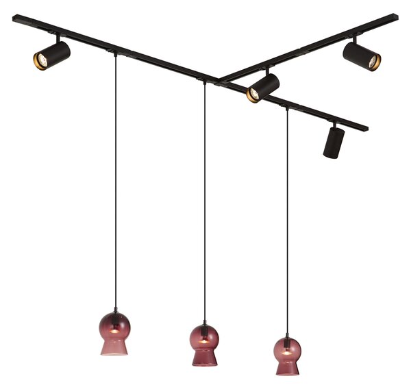 Moderný čierny koľajnicový systém so 4 bodovými svetlami a 3 fialovými závesnými svietidlami 1-fázový - Iconic Bell Jeana Luxe