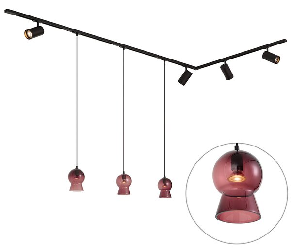 Moderný čierny koľajnicový systém so 4 bodovými svetlami a 3 fialovými závesnými svietidlami 1-fázový - Iconic Bell Jeana Luxe