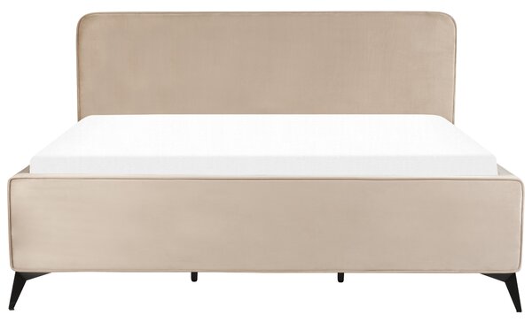 Rám postele s čelom sivobéžové zamatové čalúnenie čierne kovové nohy 180 x 200 cm klasický minimalistický štýl spálňa