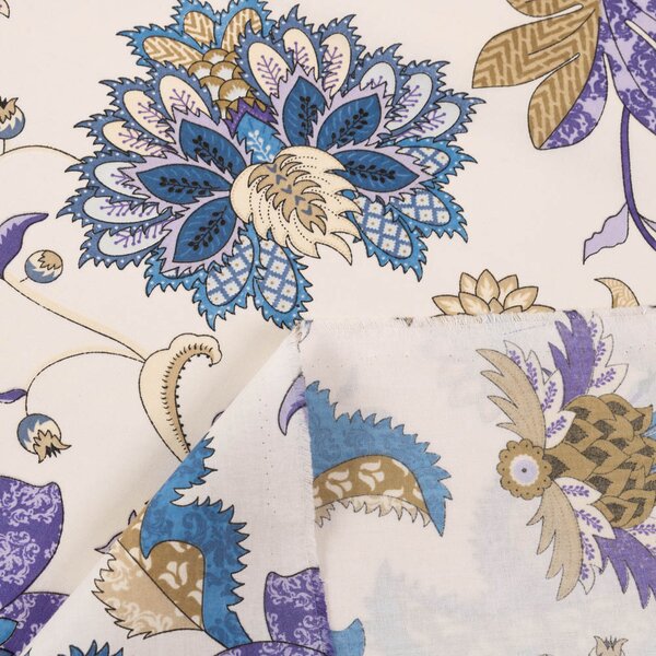 Biante Bavlnený záves Sandra SA-539 Modro-fialové orientálne kvety na svetlo béžovom 150x140 cm