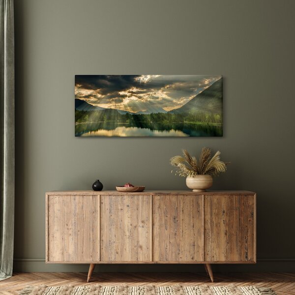 Obraz jazera s presvitajúcim slnkom (120x50 cm)