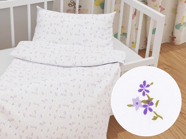 Biante Detské bavlnené posteľné obliečky do postieľky Sandra SA-296 Drobné fialové kvety na bielom Do postieľky 90x130 a 40x60 cm