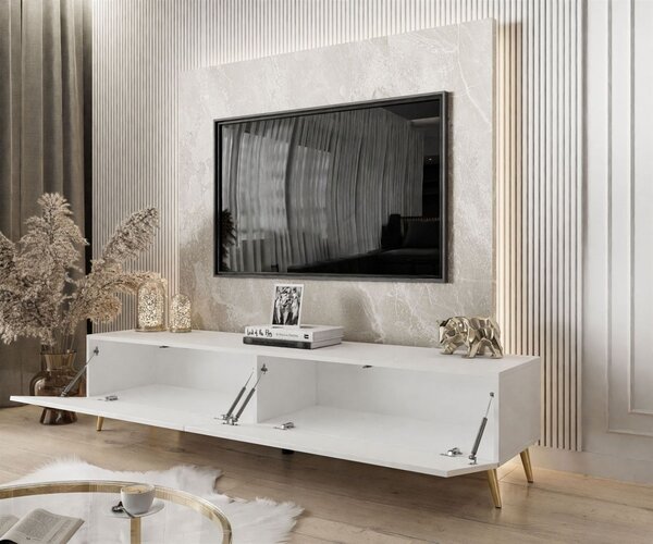 TV STOLÍK ELEGANTE 3 BIELY VYSOKÝ LESK + ZLATÉ NOŽIČKY 175 cm
